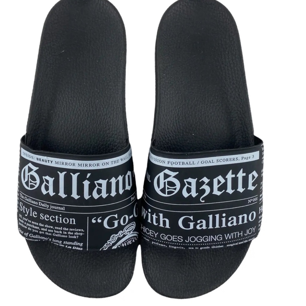 John Galliano Woman’s Black Paris Gazette Newspaper Slides Sandals EU38 7.5to 8